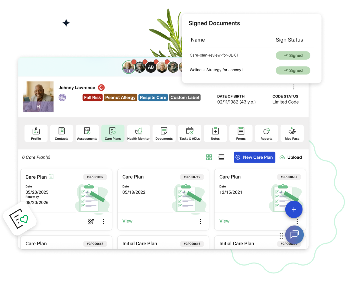 Daily care visibility and care plans interface