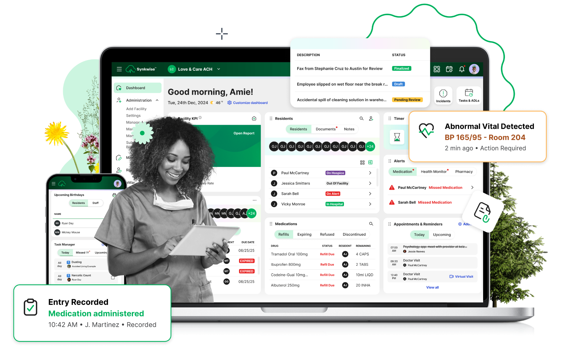 Synkwise healthcare software showing dashboard with residents, medications, alerts, and task management